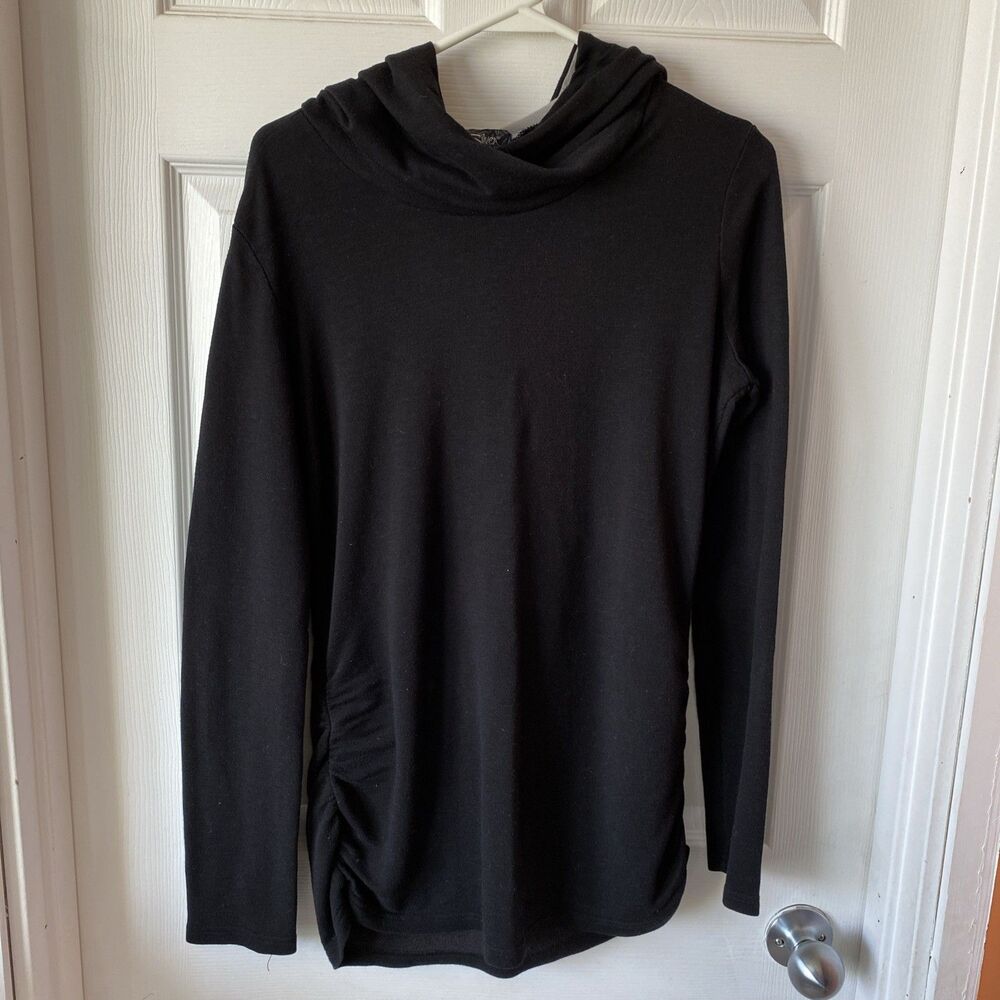 Silver Long Sleeved Blouse Size XL Ruched Stretch Black Hooded Top